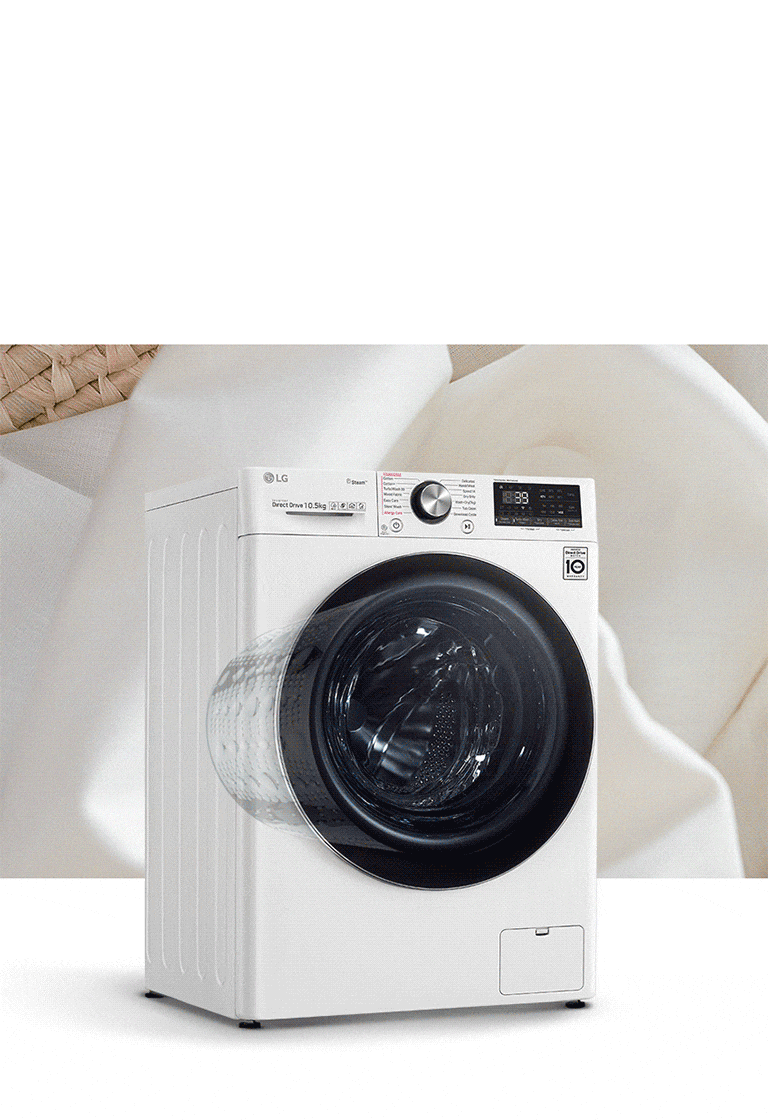 LG 前置式洗衣機,10.5 公斤,配備數碼顯示屏和蒸汽功能,置於柔軟白布前。