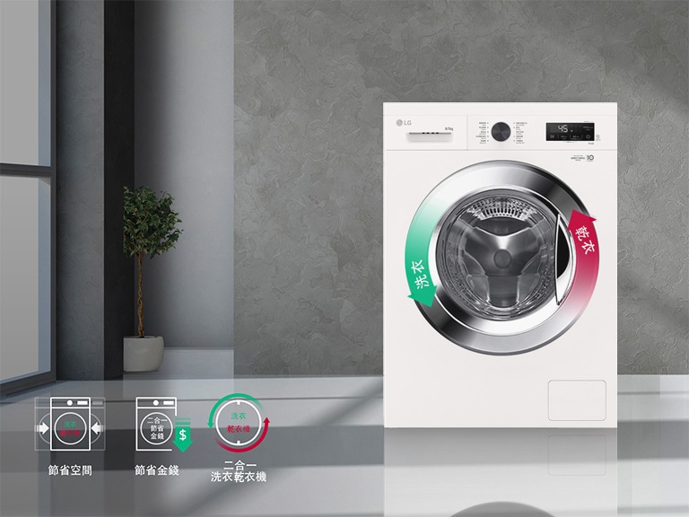 LG白色洗衣機放置在現代灰色背景前，右側有節省空間、省金錢及洗乾一體的圖示。