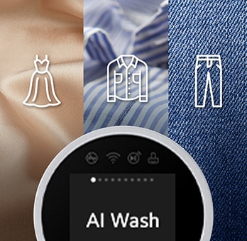 展示絲綢、恤衫和牛仔褲布料，並描述 AI Wash 功能。