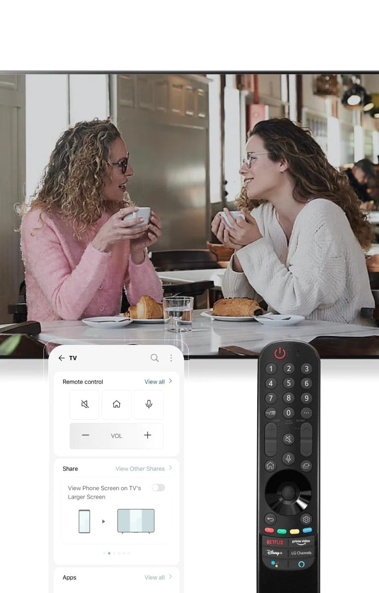 圖片顯示兩名女子邊喝咖啡邊談話。左邊的女子旁邊有支智慧型手機，右邊的女子旁邊有個遙控器。