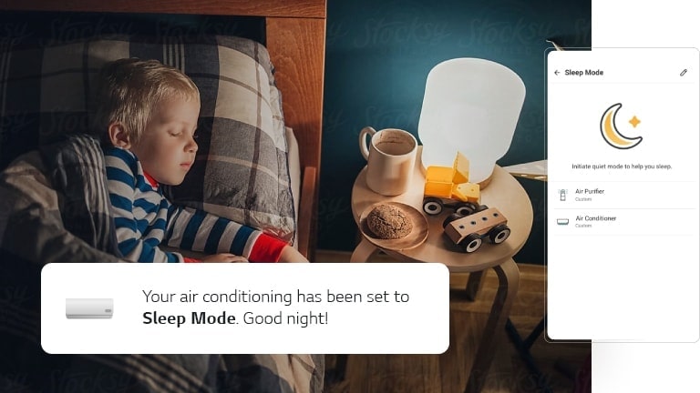 圖片顯示一個小男孩在床上睡覺。他旁邊有個_lg_thinq_應用程式螢幕，上面顯示他房間裡的空調設定。