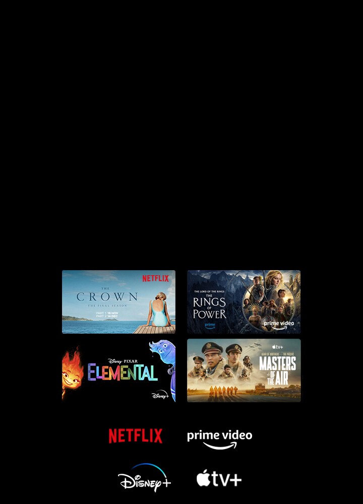 顯示四個電影和電視節目的縮圖,下方是 Netflix、Prime Video、Disney+ 和 Apple TV+ 的標誌。