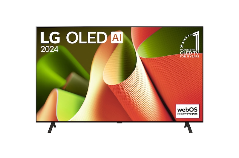 正面視圖,LG OLED B4 TV,11 年世界第一的 OLED 標誌和 webOS Re:New 計劃標誌顯示在屏幕上,帶有兩極座檯架。