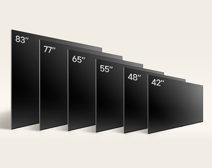 比較 LG OLED C4 智能電視的不同尺寸，展示 42 、48、55、65、77 及 83 吋 OLED C4。