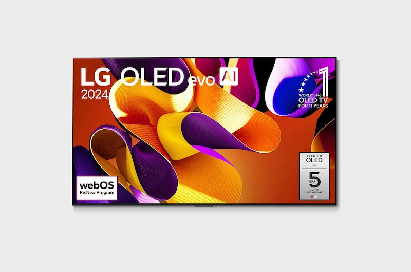 正面視圖,LG OLED evo G4 4K 智能電視,11 年世界第一的 OLED 標誌和 5 年面板保養標誌顯示在屏幕上