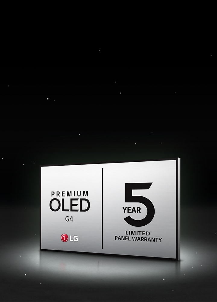 黑色背景上的 LG OLED Care+ 和 5 年面板保養標誌。