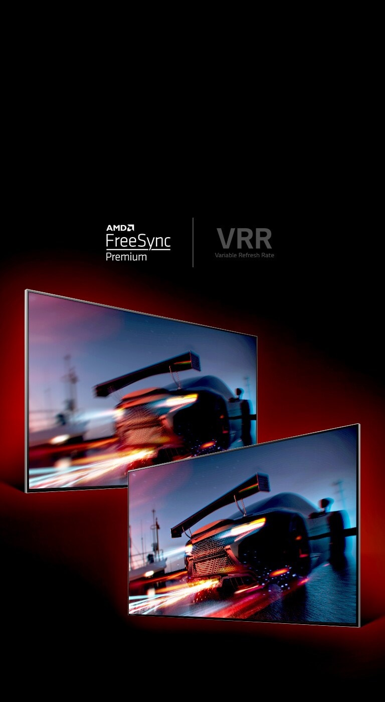 兩台電視相對而立。左側的電視顯示一輛快速行駛的賽車，看起來很模糊，而右側的電視顯示一輛快速行駛的賽車，但非常清晰。
