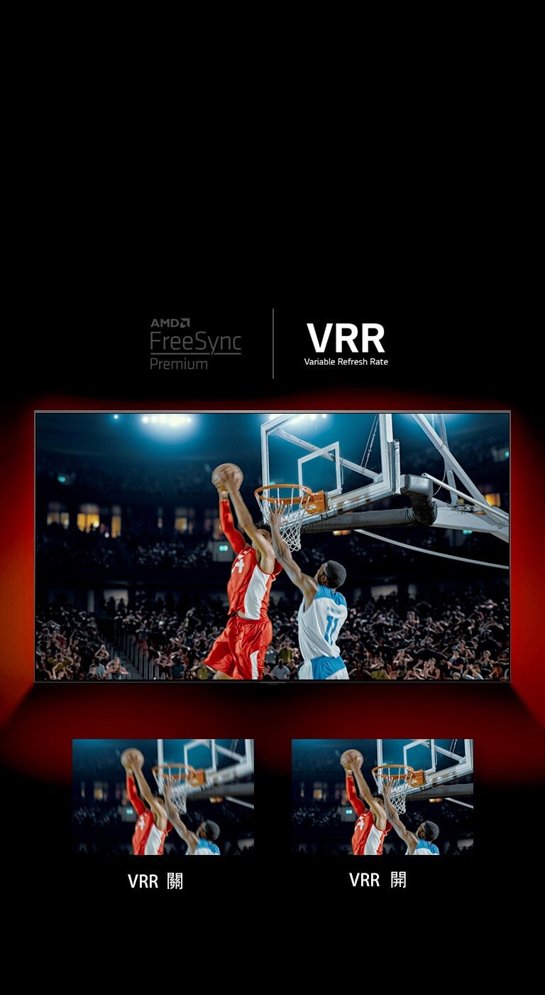 紅色的墻身前有一台 QNED 電視——螢幕上在播放一場籃球賽事，兩名球員在打球。正下方，有兩個影像框。左側顯示「VRR 關」字樣及同一影像的模糊版本，右側顯示「VRR 開」字樣及同一影像。