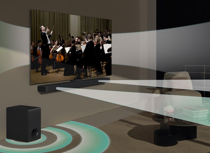 掛牆 LG 電視正在播放音樂會場景。虛擬音效同時從 LG 電視、LG Soundbar S40T 及其重低音喇叭發出，展現出 WOW Orchestra 誕生過程。