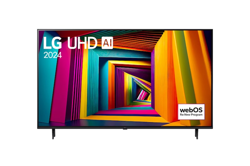 LG UHD 4K 智能電視 UT90 的正面圖，螢幕上顯示文字「LG UHD AI ThinQ, 2024」和 webOS Re:New 計劃標誌