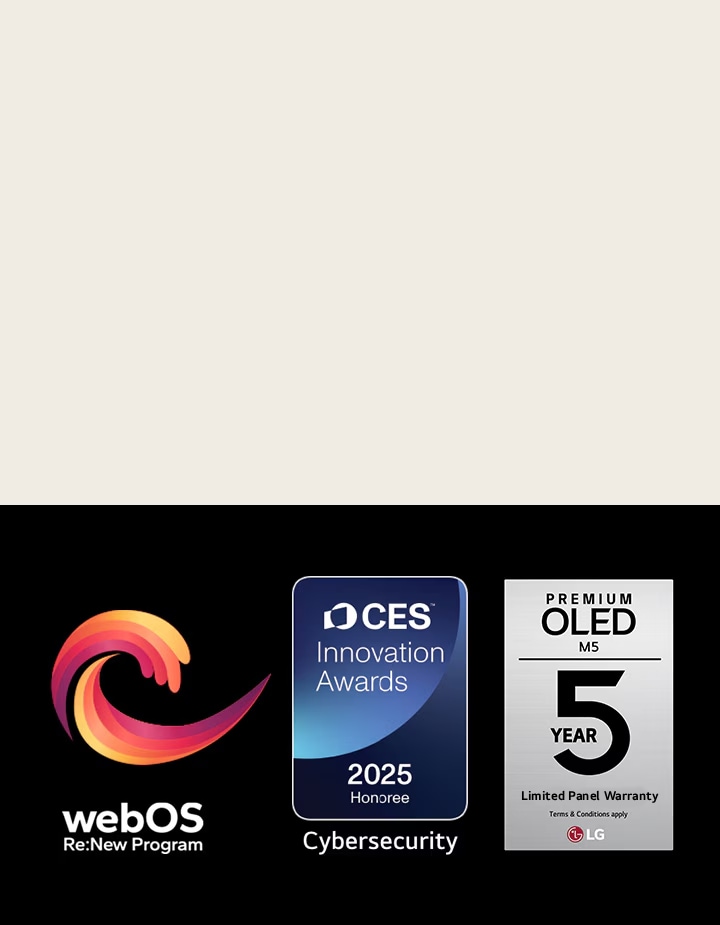 webOS Re:New Program 標誌和名稱，旁邊有 2025 CES 創新獎得獎及 5 年面板保養徽章。