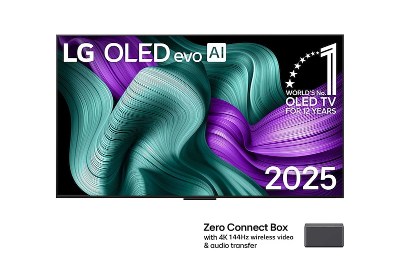LG OLED M5 電視正視圖。螢幕上顯示著「12 年世界第一的 OLED」和「LG OLED evo AI 2025」標誌。角落裡的 Zero Connect Box，標題為「Zero Connect Box 支援 4K 144Hz 無線影音傳輸功能」