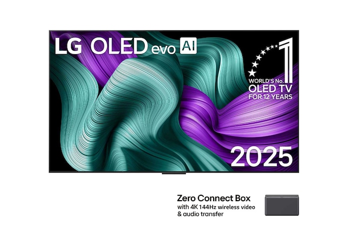 LG OLED M5 電視正視圖。螢幕上顯示著「12 年世界第一的 OLED」和「LG OLED evo AI 2025」標誌。角落裡的 Zero Connect Box，標題為「Zero Connect Box 支援 4K 144Hz 無線影音傳輸功能」