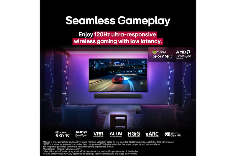 LG OLED M5 電視的螢幕上正在播放遊戲，展示流暢無縫遊戲體驗。Zero Connect Box 與空間完美融合。遊戲認證標誌清晰可見。文字提到：120Hz 超高速、低延遲的無線遊戲體驗。