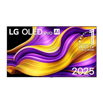 LG OLED evo AI G5 4K 智能電視的正視圖。螢幕上顯示著「12 年世界第一的 OLED」和「LG OLED evo AI 2025」標誌。