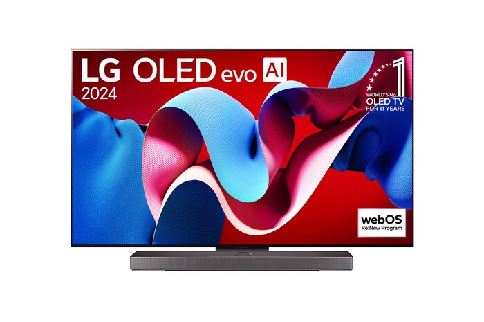 正面視圖,LG OLED evo C4 4K 智能電視,11 年世界第一的 OLED 標誌和 webOS Re:New 計劃標誌顯示在屏幕上,而其下方是 Soundbar