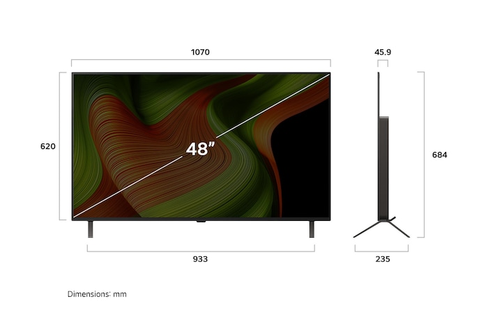 LG OLED AI B5 4K 智能電視的正視圖和側視圖,顯示其長度、寬度、高度及深度尺寸。