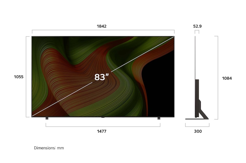 LG OLED AI B5 4K 智能電視的正視圖和側視圖，顯示其長度、寬度、高度及深度尺寸。