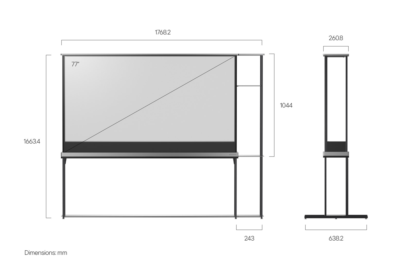LG SIGNATURE OLED T 及模組式層架的正視圖，以及顯示著尺寸的 LG SIGNATURE OLED T 側視圖。