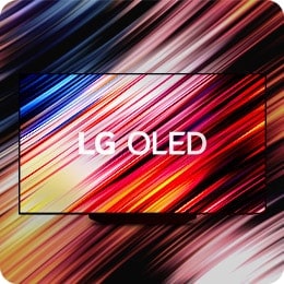 LG OLED 顯示螢幕上顯示色彩絢麗的條紋圖案，畫面從電視擴展到整個背景。