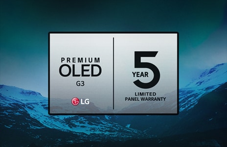 圖片顯示暮色中的山脈景觀，頂部疊加 5 年面板保養標誌。