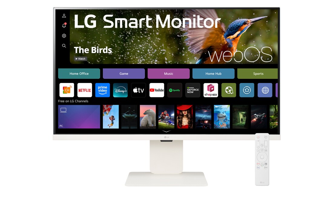 LG 智能顯示器 32SR83U-W 的前視圖，配備遙控器和網絡攝影機