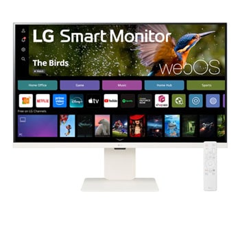 LG 智能顯示器 32SR83U-W 的前視圖，配備遙控器和網絡攝影機