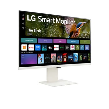 LG 智能顯示器 32SR83U-W 的 -15 度側視圖，配備網絡攝影機