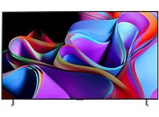 LG OLED Z3 配備座地支架，顯示彩色抽象藝術作品。 