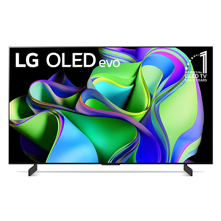Front view with LG OLED evo and 10 Years World No.1 OLED Emblem on screen, as well as the Soundbar below. 