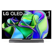 Front view with LG OLED evo and 10 Years World No.1 OLED Emblem on screen, as well as the Soundbar below. 