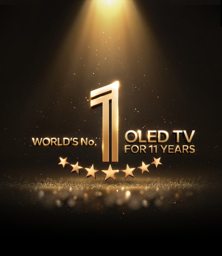 A gold emblem of World's number 1 OLED TV for 11 Years against a black backdrop. A spotlight shines on the emblem, and gold abstract stars fill the space.	