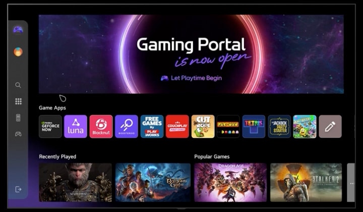 LG TV displaying the Gaming Portal screen, scrolling down through available games and features. The video shows a user navigating to the settings menu on the left, showcasing various gaming options including GeForce NOW, Amazon Luna, Blacknut, Boosteroid.