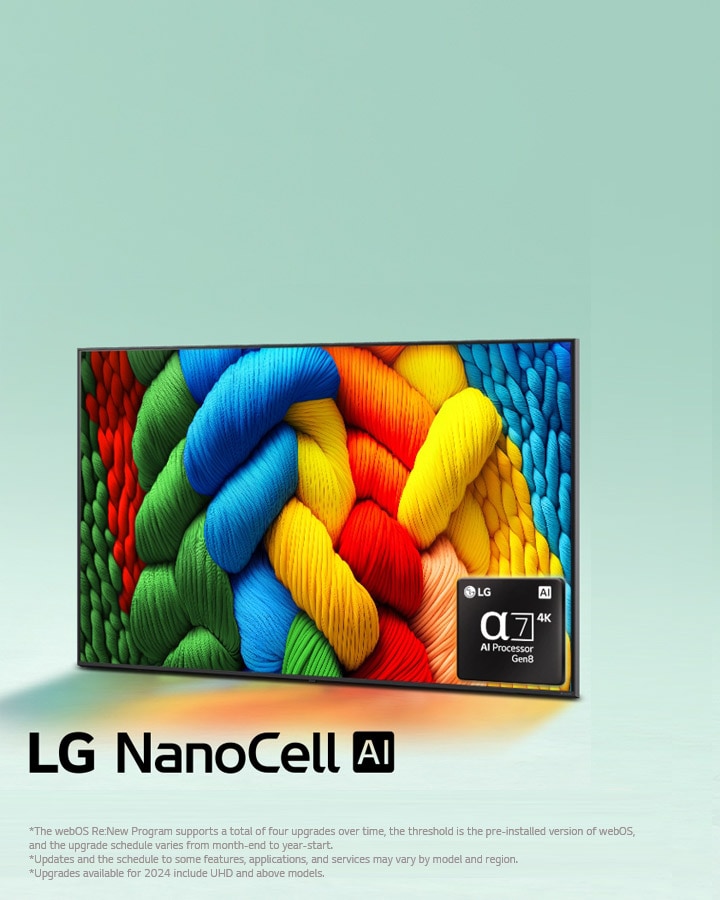 LG NanoCell TV sits slightly angled facing left and depicts colorful threads. The alpha 7 4K AI Processor logo is embedded in the bottom right corner of the TV. The background is a light teal gradient. 	