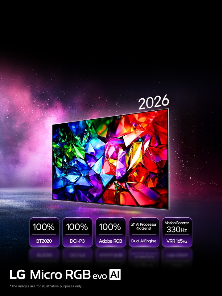 LG Micro RGB evo AI MRGB95, the new color evolution displays a vivid crystalline color image with sharp facets of red, green and blue. Featured by 100% color coverage of BT2020, DCI-P3 and Adobe RGB, alpha 11 AI Processor 4K Gen3 Dual Engine and Motion Booster 330Hz with VRR 165Hz.