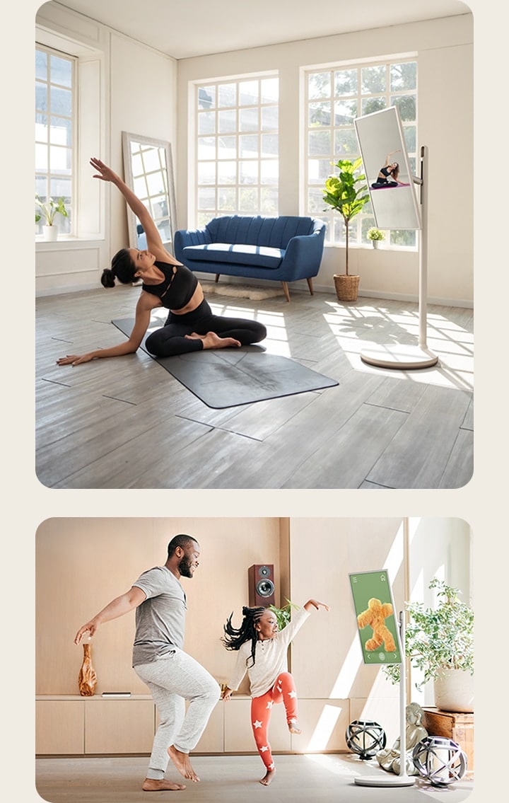Two different scenes in different homes. In one, LG StanbyME is on a stand and a father and daughter seem to be dancing along to the choreography of a kid's show that's playing on the screen. In the other, a woman is exercising, following a yoga video on the LG StanbyME on a stand.	