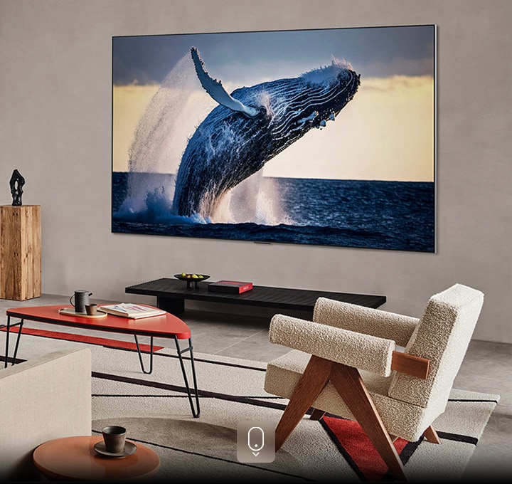 Living room with a TV mounted on the wall. Screen shows a high quality image of a whale leaping out of the water.