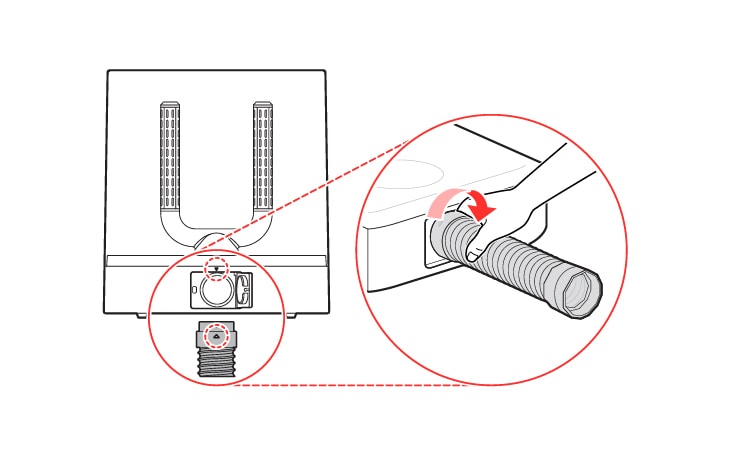 Insert the extension hose into the case on the bottom and turn the hose clockwise Ensure that the triangle marks face each other when connecting or disconnecting the extension hose and the drying case