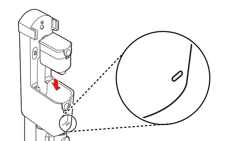 Insert the discharged battery into the spare charging station The spare charging indicator blinks while recharging is in progress The spare charging indicator lights up when charging is complete