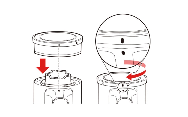 Insert the dried pre filter and rotate the exhaust filter to the locked position to reassemble it on the product body