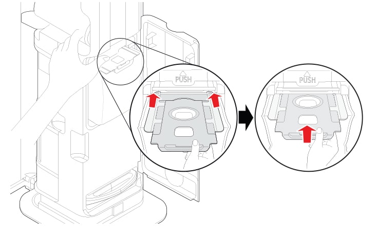 Place the end of the dust bag on the rail inside the product Slide the dust bag in along the rails of the product until it is completely inserted