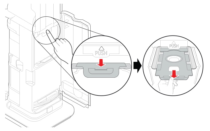 Press button above the PUSH label with one hand The dust bag is released Pull out the dust bag lever to remove the dust bag As the dust bag is pulled out the top opening is closed