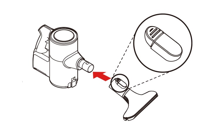 Press the nozzle release button to remove the nozzle from the extension pipe or product body Attach the nozzles tools or extension pipe by sliding them onto the inlet on the body until they click into place The nozzles and tools can also be attached to the end of the extension pipe