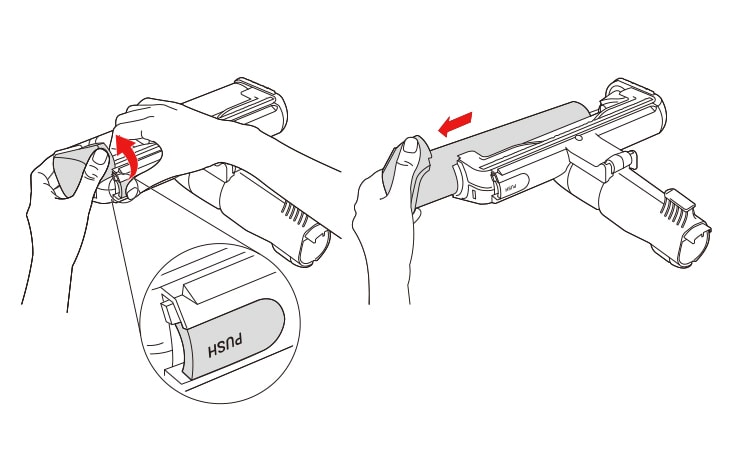 Turn the nozzle upside down and remove the rotating brush while holding down the PUSH button on the nozzle