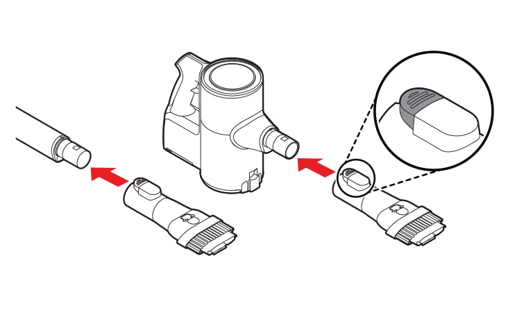 Press the nozzle release button to remove the nozzle from the extension pipe or product body Attach the nozzles tools or extension pipe by sliding them onto the inlet on the body until they click into place The nozzles and tools can also be attached to the end of the extension pipe