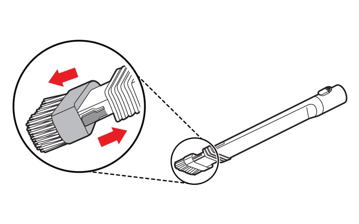 To convert the tool from crevice to brush mode press in on the sides of the brush head and pull the brush down To convert back to the crevice mode press in on the brush release button and slide the brush up