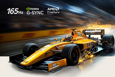LG OLED evo AI G6 for Unbeatable Gameplay in 4K 165Hz shows a high-speed racing game with a yellow open-wheel car in motion, with NVIDIA G-SYNC and AMD FreeSync Premium logos visible at the top of the screen. 