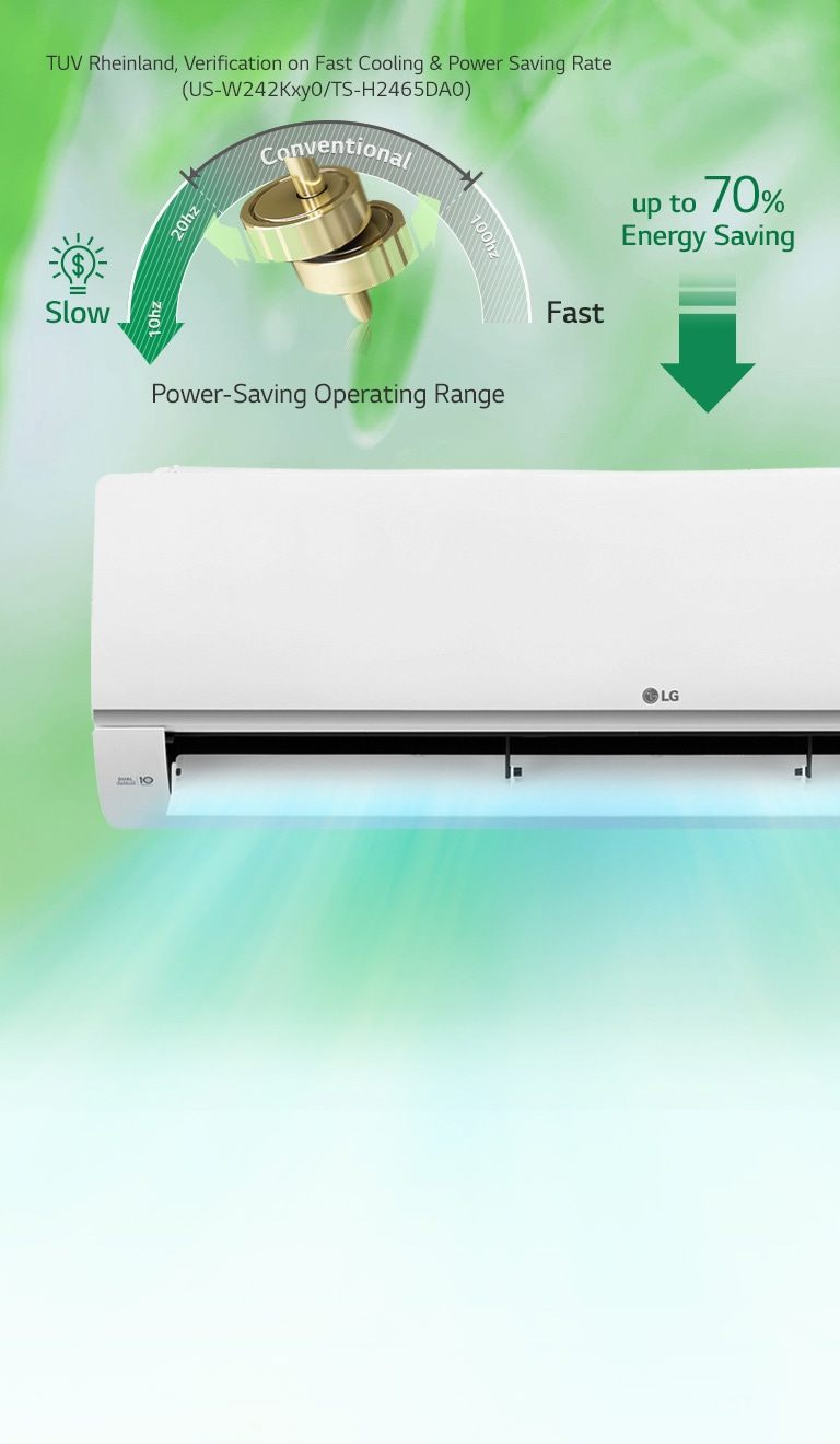 LG air conditioner with fast cooling and up to 70% energy savings, certified by TUV Rheinland, on a green background.