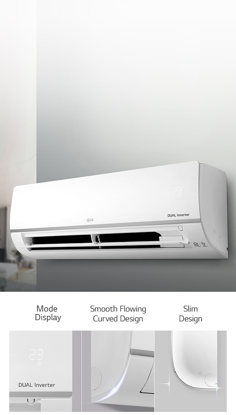 LG dual inverter air conditioner with mode display, sleek curved design, and slim profile, shown on a wall in a modern room.