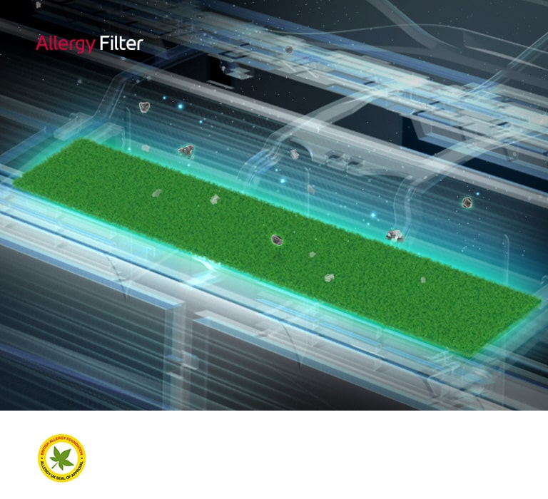 Green allergy filter captures dust particles in airflow system; certification seal is in the bottom-left corner.